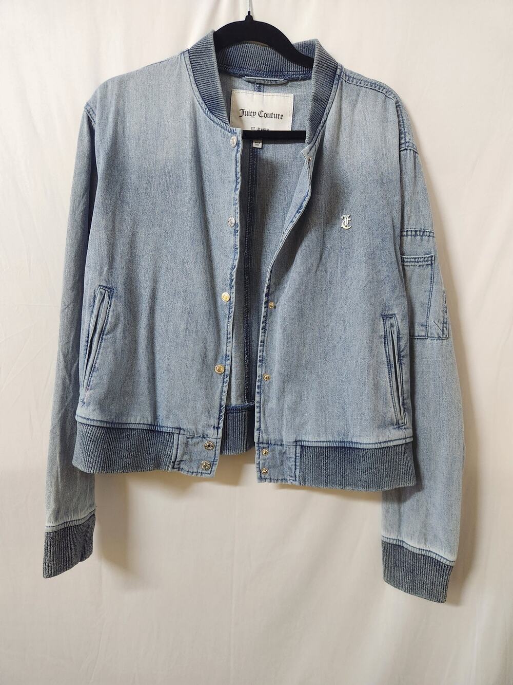 Juicy Couture Denim Bomber Jacket Women's Large Light Wash Snap Front Casual NWT